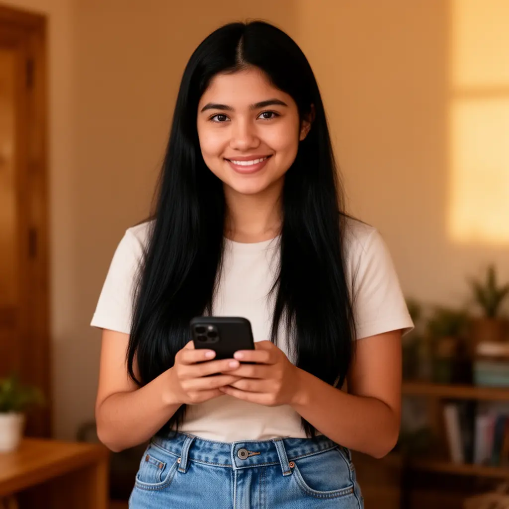 MILLION MX App – Enjoy a smooth and user friendly mobile casino experience in Mexico Young Mexican woman smiling while using the MILLION MX mobile casino app on her smartphone in a cozy indoor setting