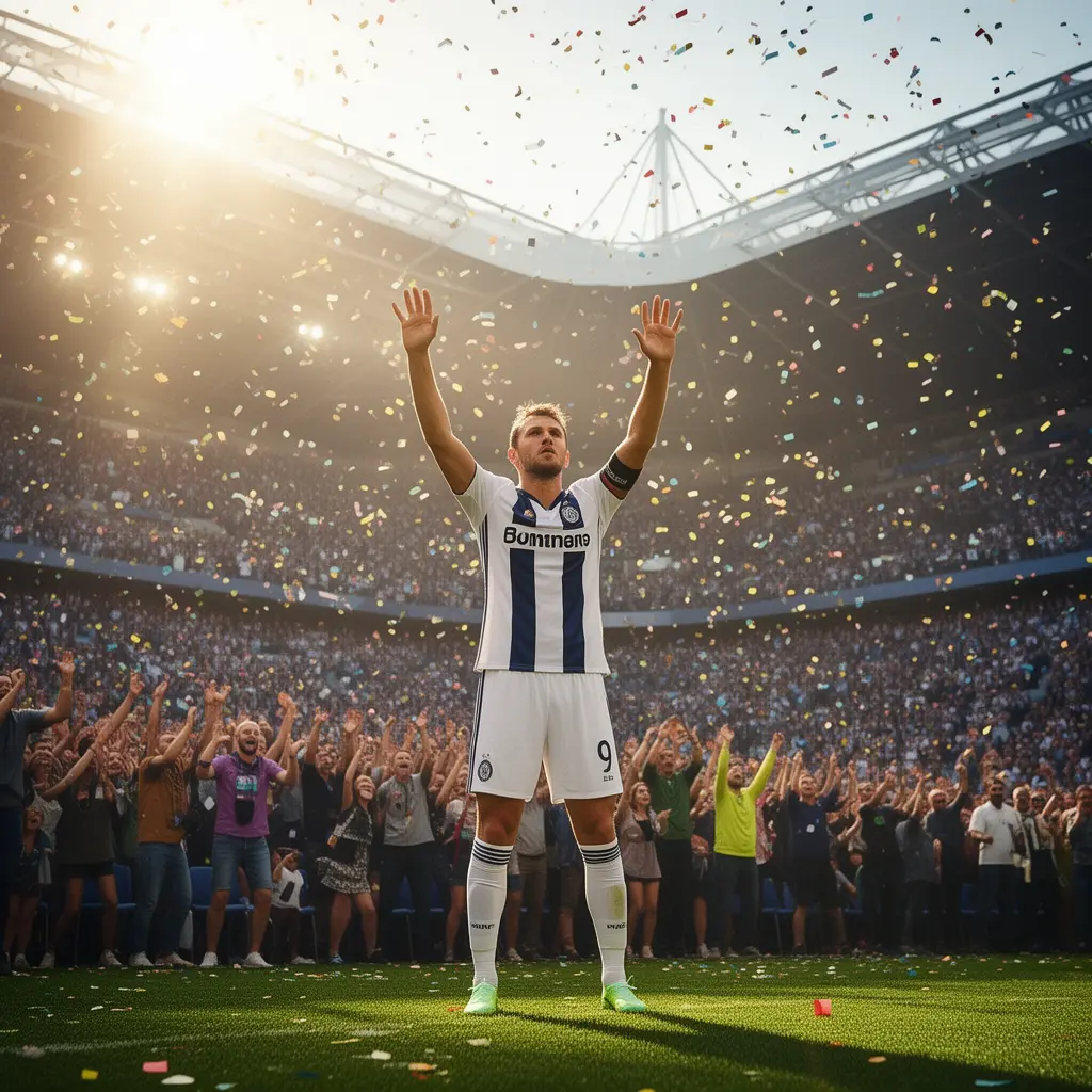 MILLION MX Bets – Experience the thrill of winning soccer bets in Mexico Professional soccer player celebrating a goal in a packed stadium with fans cheering and sunlight shining, symbolizing big moments and winning bets with MILLION MX in Mexico